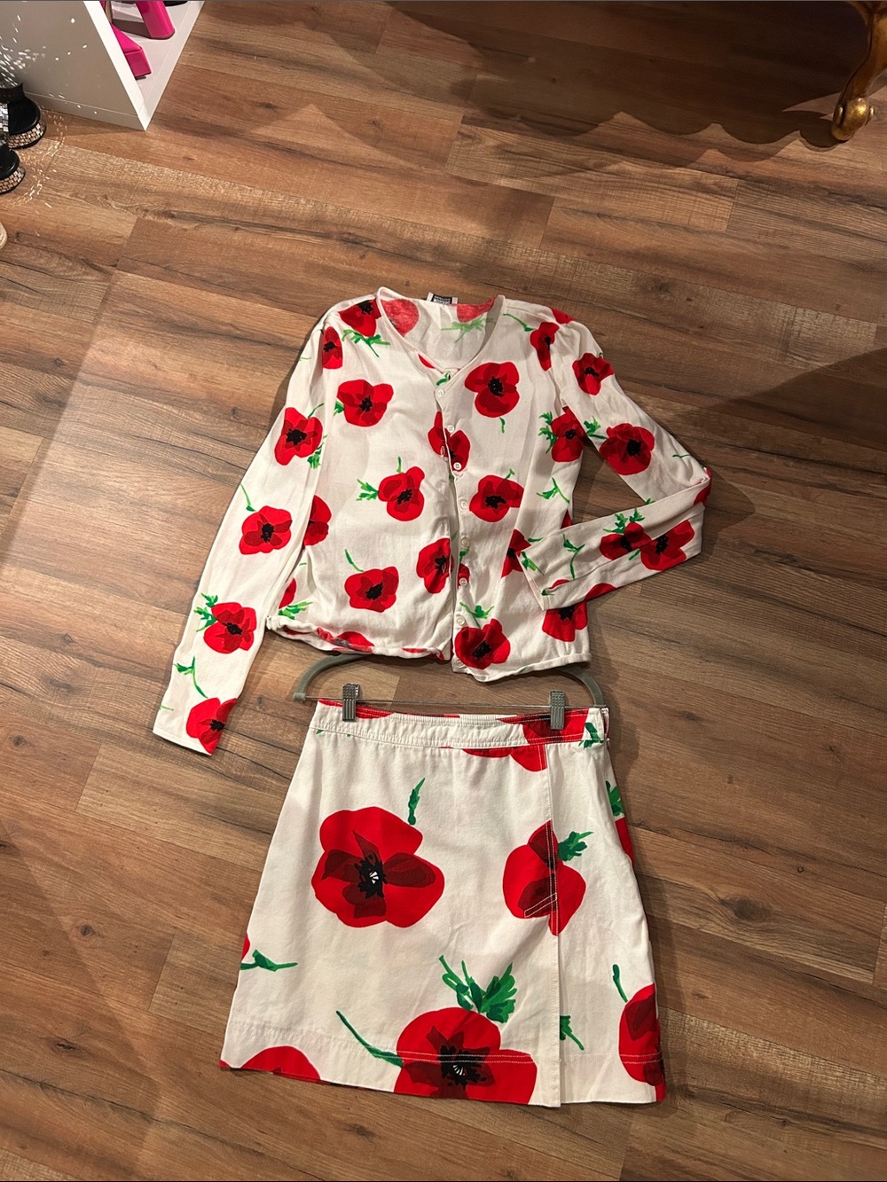 Moschino White Mini Skirt Set with Red Poppy Print
